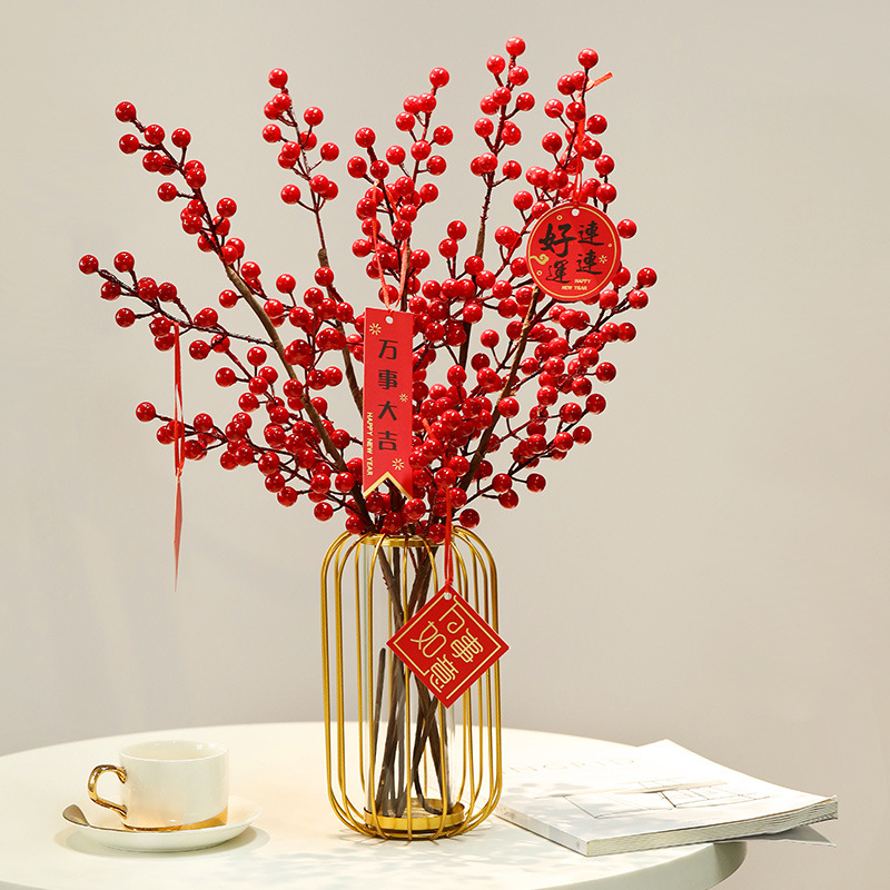 发财果红色红果冬青果假花仿真花摆设新年装饰花透明玻璃花瓶摆件