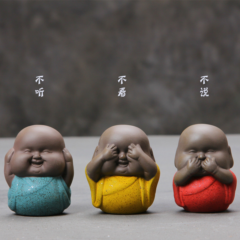 彩砂陶茶宠三不小和尚摆件紫砂小沙弥可爱佛不说不听不看可养茶玩