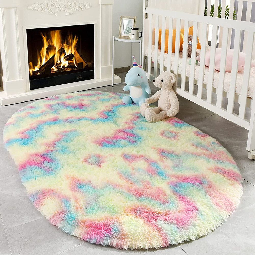 Amazon Rainbow Color Nordic Instagram Style Oval Long Wool Carpet Living Room Cushion round Tablecloth Hanging Basket Children's Room Carpet