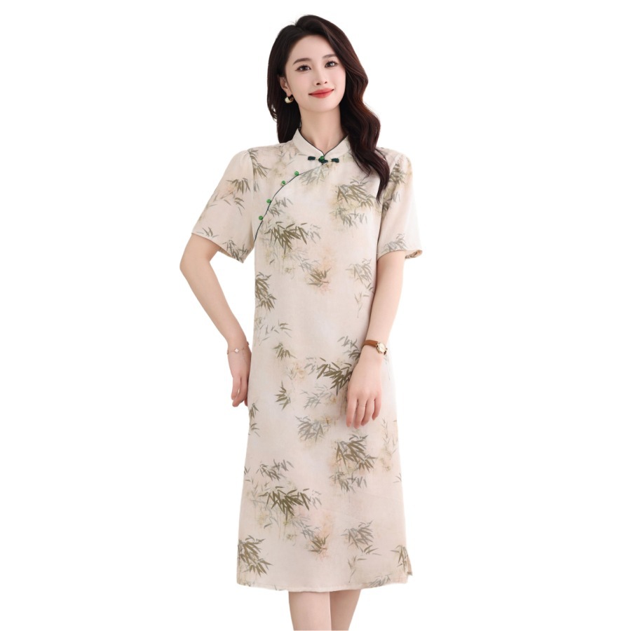 真丝桑蚕丝新款国风改良旗袍过膝半身连衣裙显气质中袖中国风旗袍