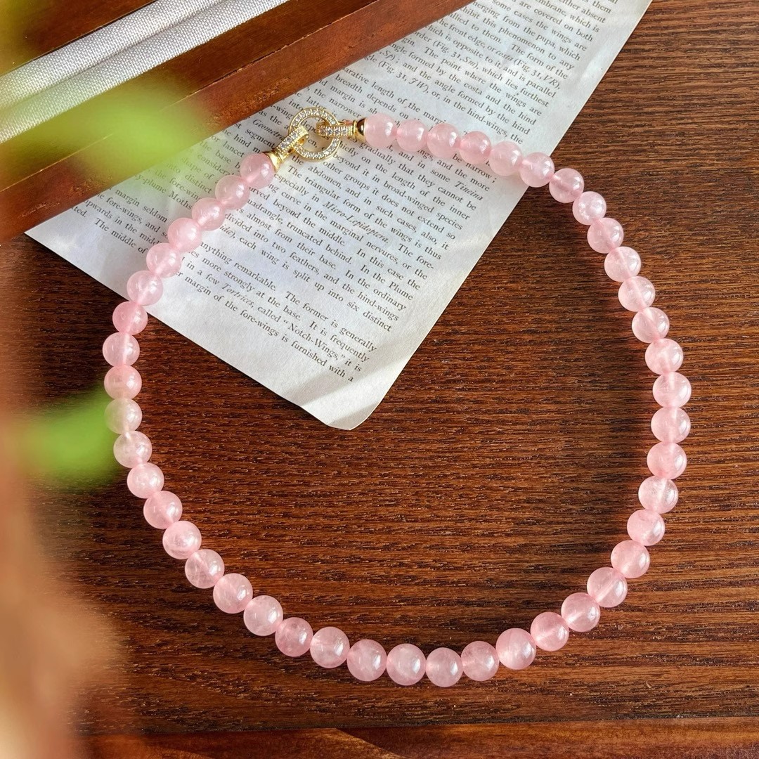 西柚粉8mm天然粉晶水晶项链女款桃花少女心项链ins复古风礼物