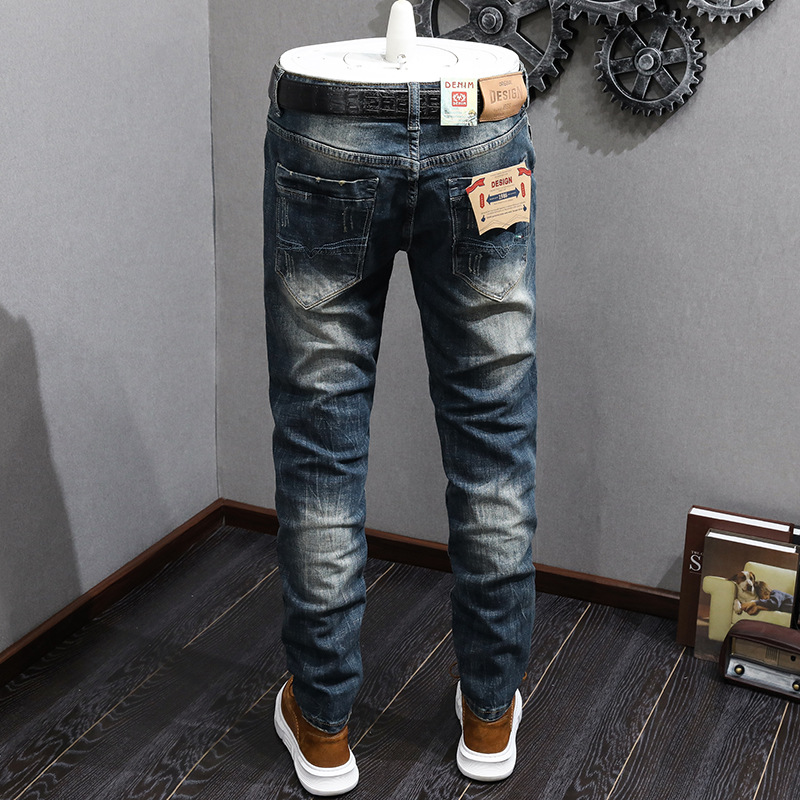   Foreign Trade Jeans Men's Stretch Slim Trousers Urban Fashion Brand All-Matching Pants Teenagers European and American Style Retro Denim