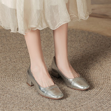 法式银色浅口单鞋女秋季新款真皮玛丽珍女鞋不累脚拼色粗跟高跟鞋
