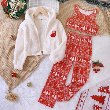 ew外贸童装 中大童新品女童秋冬款圣诞节连帽毛绒三件套dtz905-c