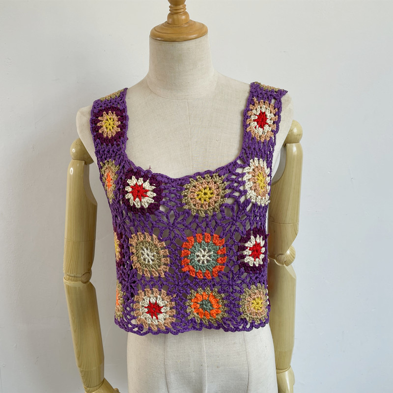 6色 波西米亚钩花背心民族风编织短款小吊带针织镂空罩衫上衣云南