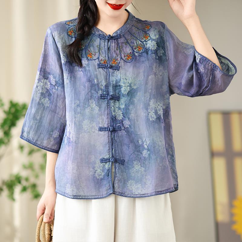 跨境外贸刺绣苎麻衬衫薄款复古盘扣宽松开衫衬衣漂亮宽松棉麻上衣
