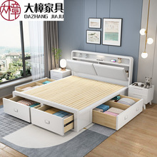 床头充电白色实木床现代简约高箱抽屉储物床主卧双人床气压收纳