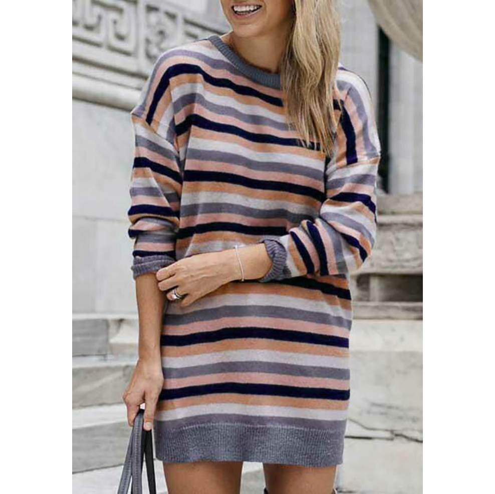2023欧美跨境热卖新款爆款彩色条纹针织长袖迷你连衣裙-阿里巴巴