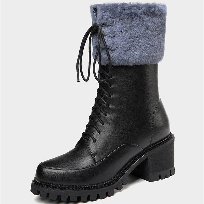 雪地靴女新款马丁靴厚底高筒靴冬季粗跟侧拉链加厚加绒中筒靴