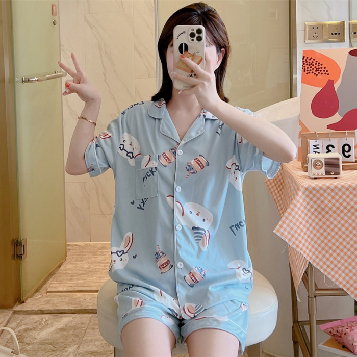 2023 Summer Pajamas Women's Flower and Grass Short-Sleeved Shorts Cardigan Korean Style Sweet Foreign Single Hot Selling Home Wear Double Short Suit