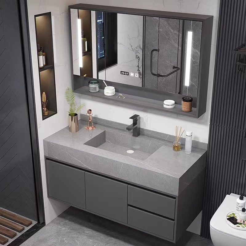 浴室柜岩板陶瓷现代简约一体盆智能卫生间洗漱台洗脸盆柜组合镜子