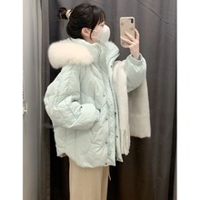 大毛领蓝色菱格棉服女冬季2024年新款高级感超好看小个子韩系外套