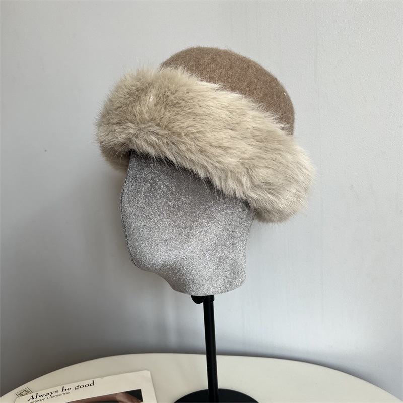 蒙古帽长兔毛边拼接羊毛帽顶保暖瓜皮帽北方皮草防寒圆顶毡帽批发