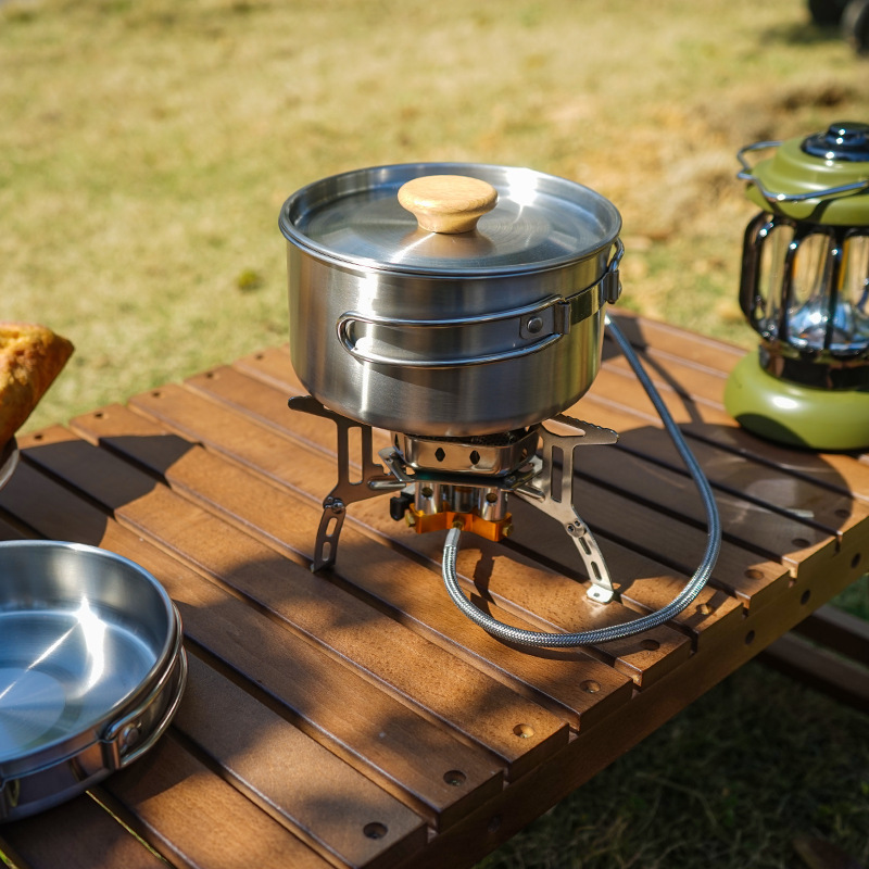 Outdoor Mountaineering 304 Stainless Steel Folding Handle Pot Camping Portable Frying Pan Soup Pot Household Picnic Pot Set