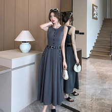 跨境连衣裙2024夏季新款韩版气质无袖上衣+西装式假两件百褶裙