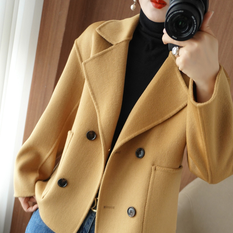 Yue Ou Double Breasted Short Wool Overcoat Women's Clothing Korean Style Autumn and Winter New Double Sided Cotton Woolen Handmade Cardigan Coat