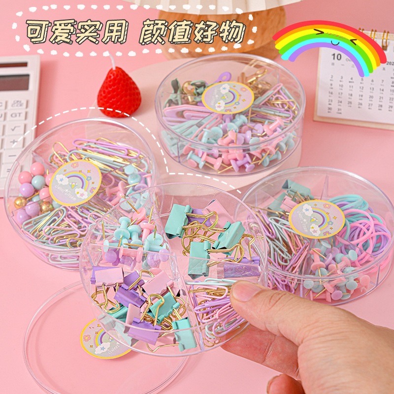 Factory Customized Macaron Color Paper Clip Drawing Pin Four-Grid Set Rubber Band Pin Office Binding Combination