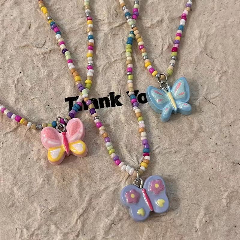 Chic Elegant ~ Colorful Beaded Butterfly Necklace Female Summer Sweet Elegant Accessories Clavicle Chain Tide