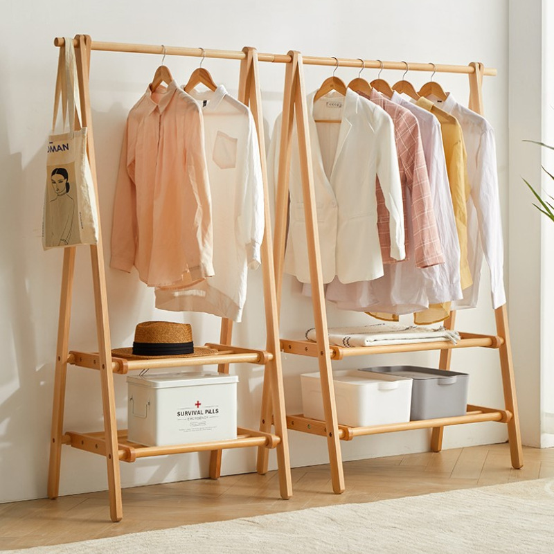 Solid Wood Double Floor Hanger Folding Bedroom Storage Shelves Clothing Store Display Rack Homestay Hotel Coat Rack