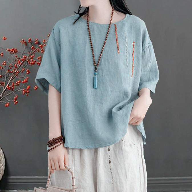 棉麻上衣女夏短袖宽松半袖亚麻原创女装洋气复古文艺妈妈小衫t恤t