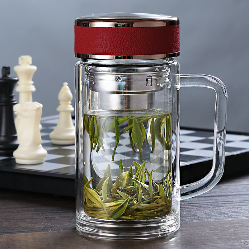 玻璃保温杯大容量双层玻璃杯带把显温士办公室泡茶杯带手柄杯子