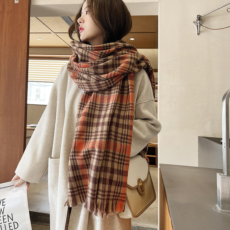 new autumn and winter thickened scarf warm cashmere-like scarf plaid tassel scarf women‘s all-match simple scarf