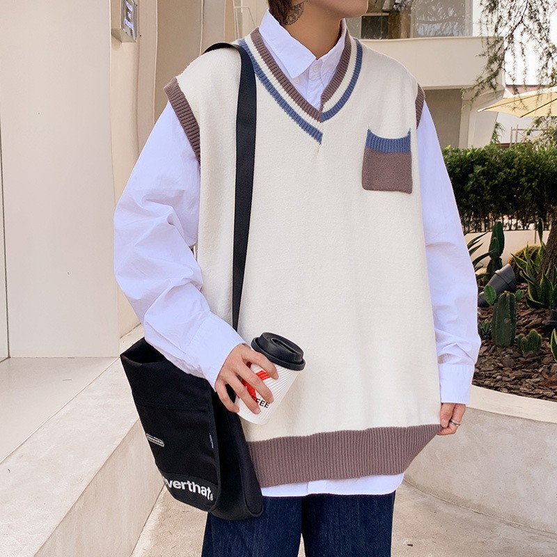 Men's Stitching Sweaters Vest Japanese College Style Spring and Autumn Couple Retro Outerwear Vest Coat