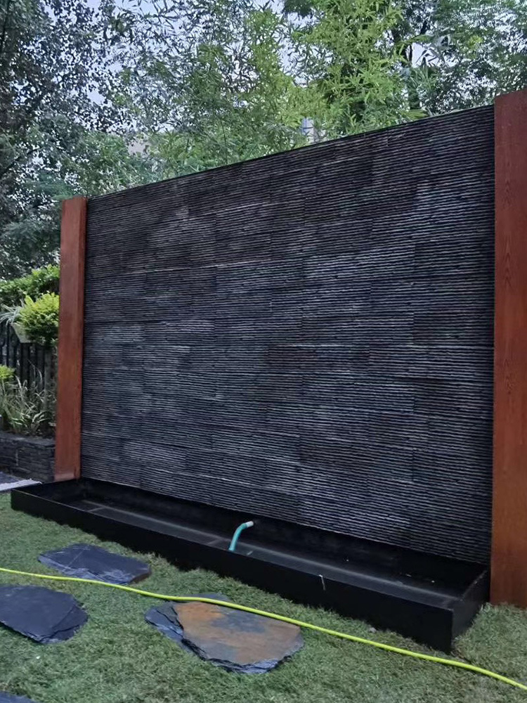 天然外墙砖黑色流水板拼贴田园庭院背景水幕墙流水石文化石青石板