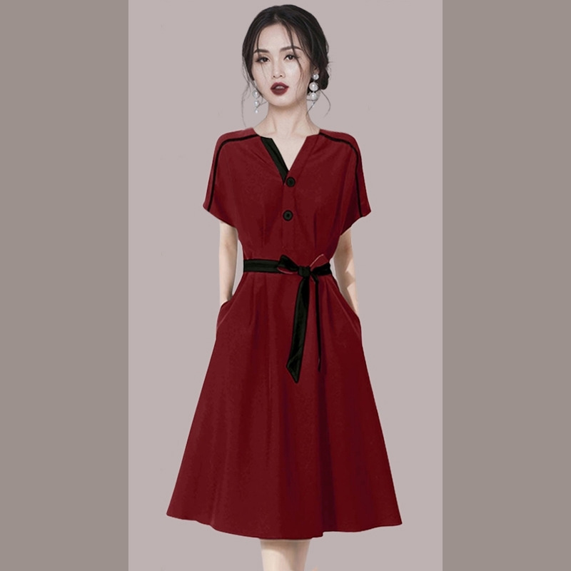 欧美时尚短袖红色连衣裙女夏季2024新款气质收腰显瘦a字裙子-阿里巴巴