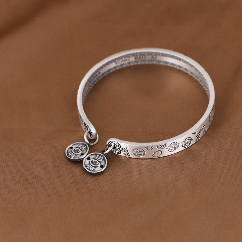 金鹿王 足银手镯 复古哑光吉言小猫喜字福字喜乐开口年轻款银手环