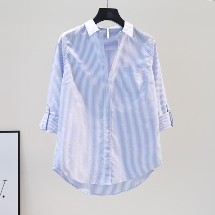 浅蓝色竖条纹棉衬衫女2024春夏季韩版时尚单口袋长袖衬衣上衣