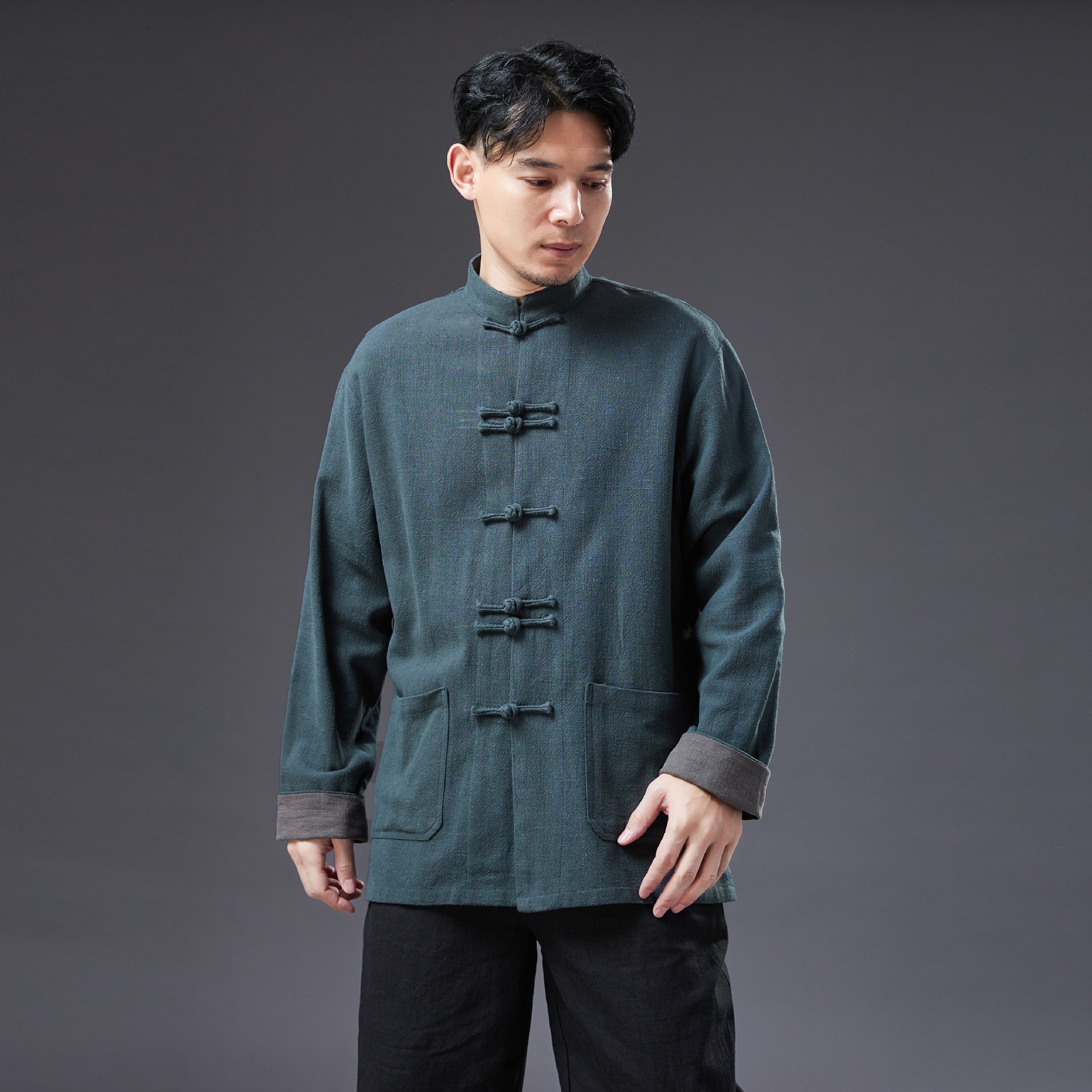 春季新品苎麻外套男款对襟衬衫中国风宽松休闲立领开衫盘扣上衣