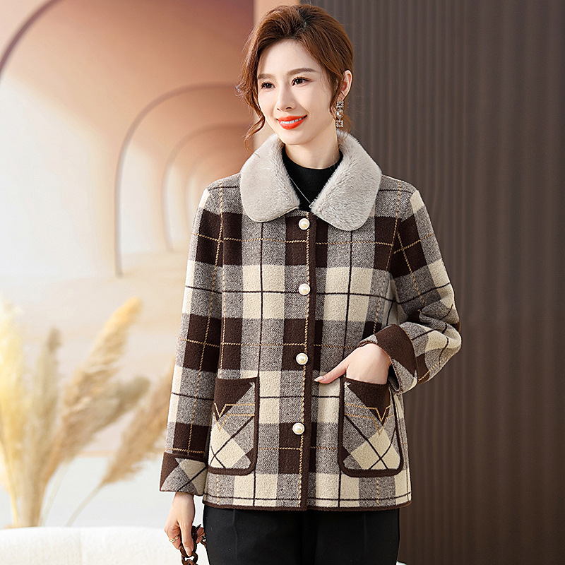 2023 New Middle-Aged and Elderly Autumn and Winter Plaid Mother's Noble Coat Women's Clothing Fashionable Stylish Imitation Double-Faced Woolen Goods Cardigan
