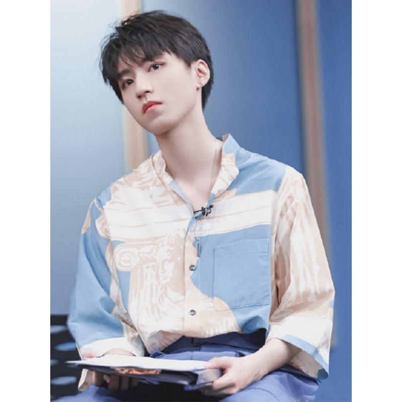 0成交432件参谋王俊凯同款衣服白红格子拼接衬衫宽松夏季休闲短袖衬衣