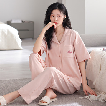 【100%纯棉】 睡衣女夏季短袖长裤开衫薄款加大码全棉家居服套装