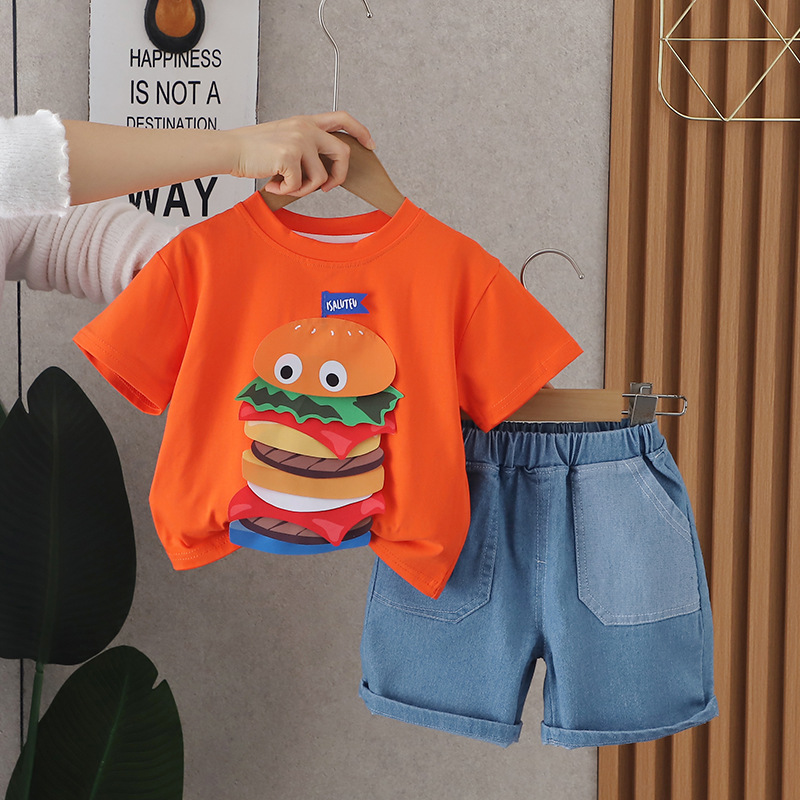 2024 New Summer Boys' Three-Dimensional Hamburger Kids Clothes Two-Piece Suit Children's Suit Infant Summer Fashion Hair Generation