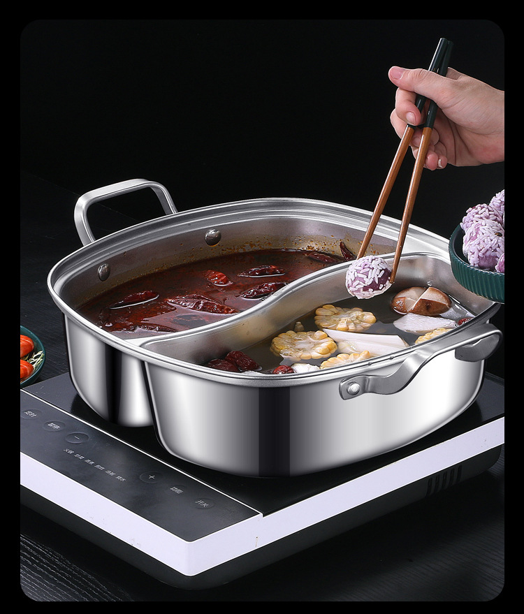 304不锈钢加厚鸳鸯锅 分隔一体火锅方形带盖二味锅家用大容量火锅