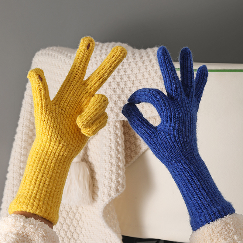 韩国小众可触屏手套毛线针织手套女秋冬加厚保暖护手五指手套学生