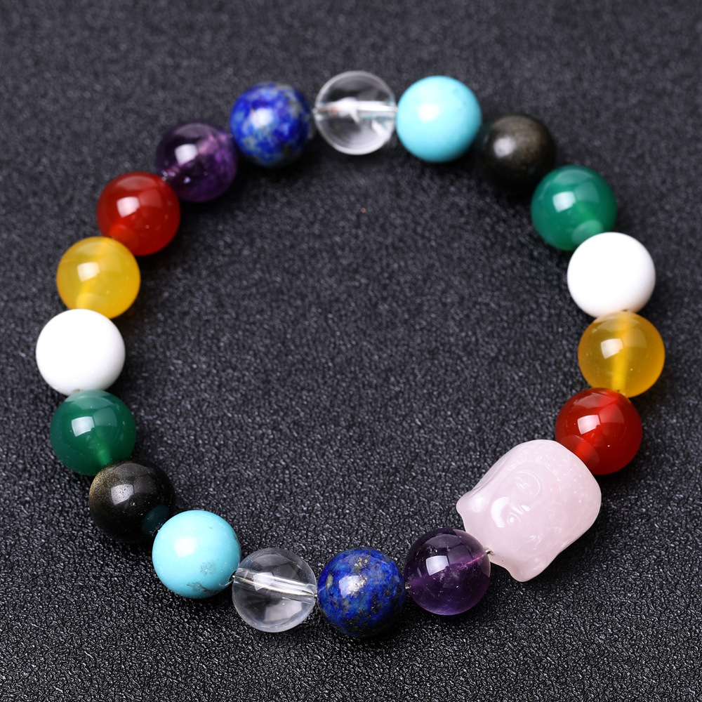 雕刻佛头紫晶青金石佛教七宝手链瑜伽冥想灵力手串亚马逊跨境专供