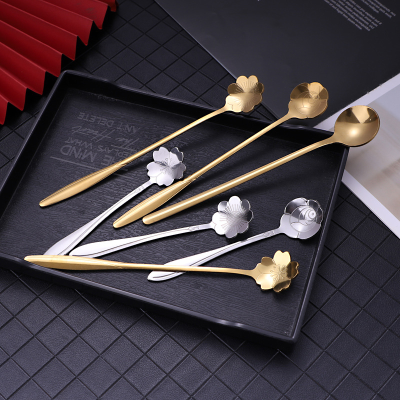 cherry blossom spoon stainless steel household desserts stirring spoon small long spoon wholesale coffee spoon