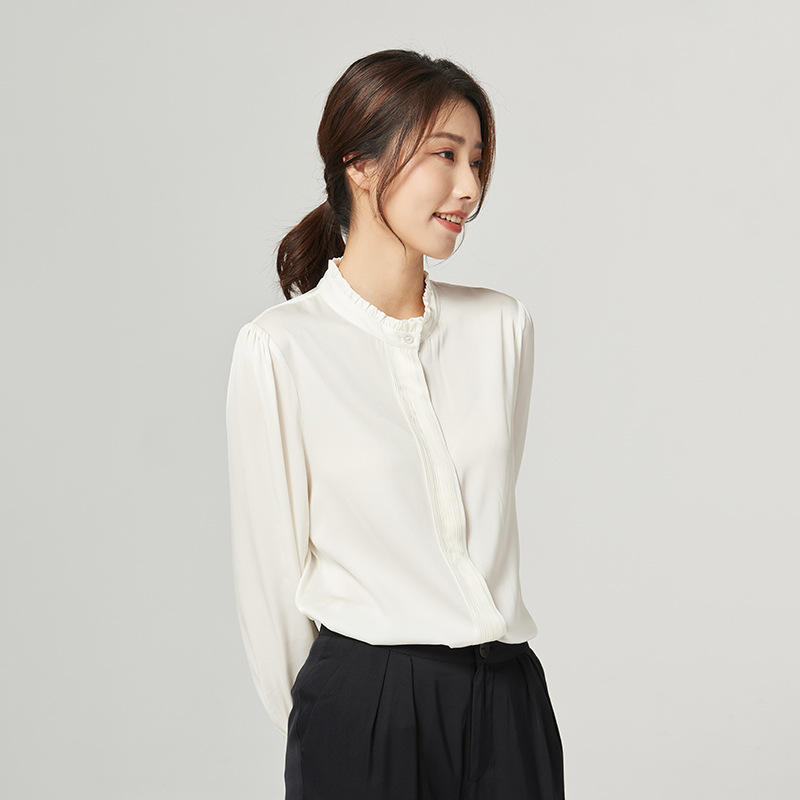2022春秋真丝长袖衬衫女荷叶边立领衬衣ol通勤撞色桑蚕丝洋气上衣