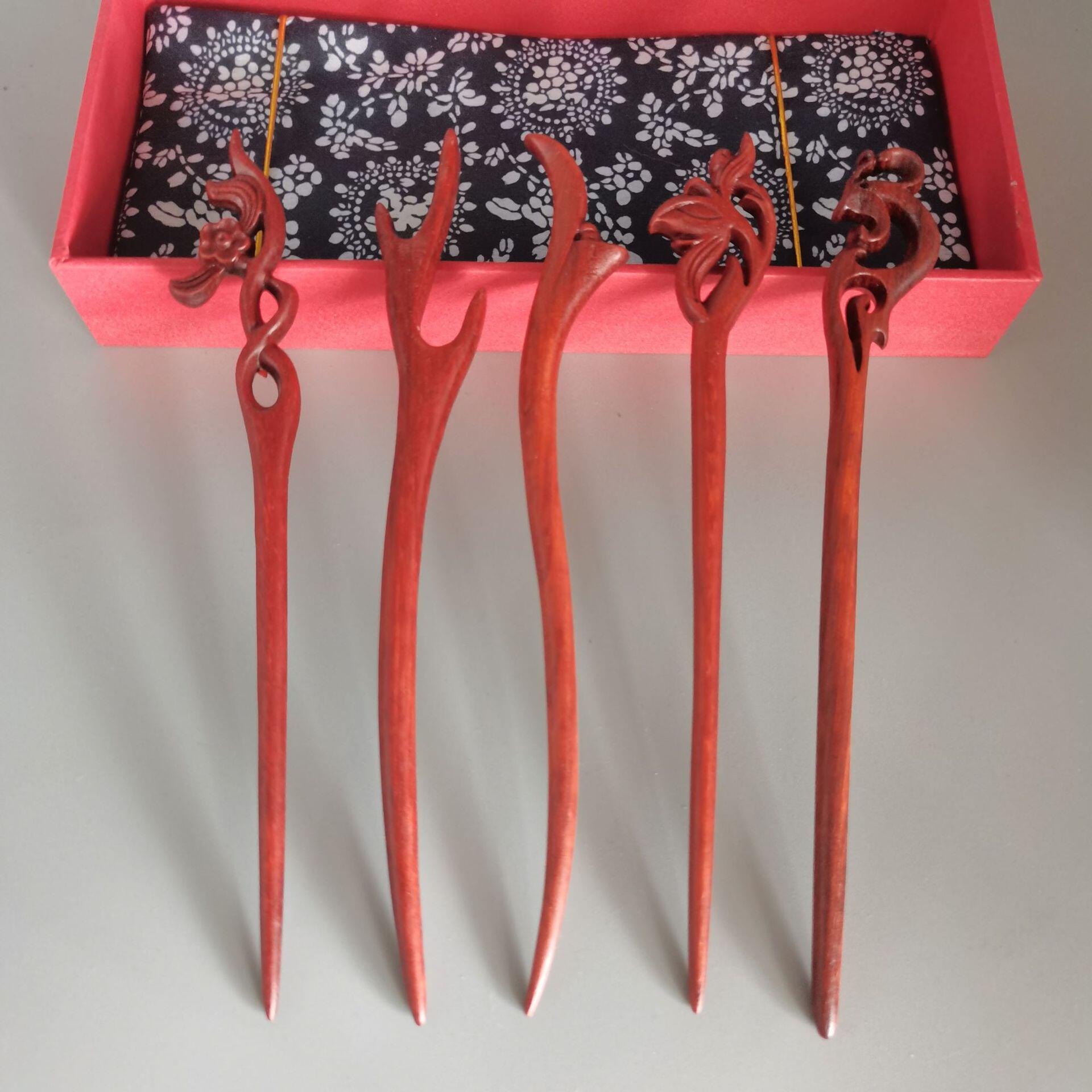 现货小叶紫檀古风雕刻发簪 手工打磨木质工艺品 古风红木书签礼品