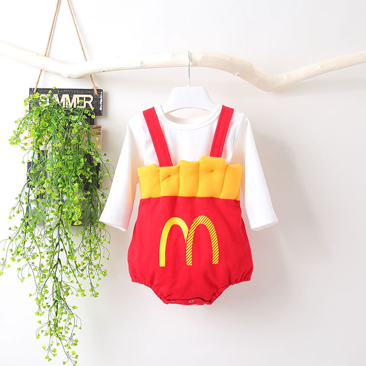 Foshan 2023ins Autumn Infant Rompers Boys and Girls Baby French Fries Strap Rompers Jumpsuit Get Hat for Free Baby Clothes