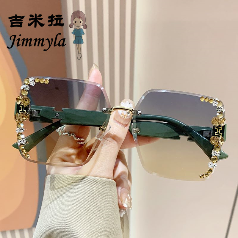 跨境爱玛家时尚小香风太阳镜潮流女士镶钻墨镜无框切边金属h眼镜