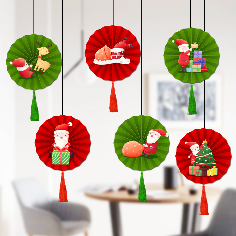 New Christmas Paper Fan Flower Decoration Supplies Mall and Shop Activity Atmosphere Layout Small Fan Tassel Pendant