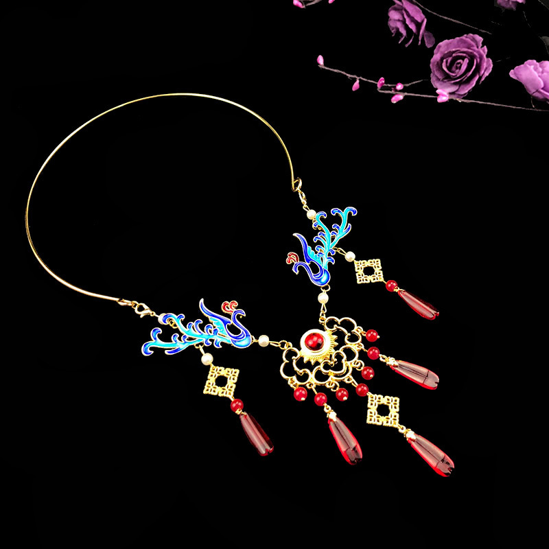 珍珠璎珞明制袄裙烧蓝项圈古装汉服景泰蓝配饰品凤凰古风项链