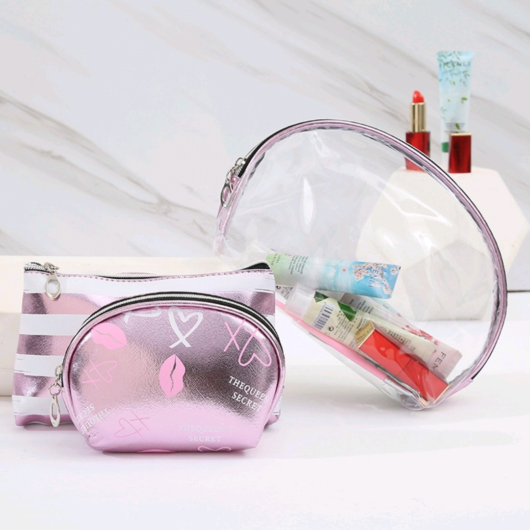 New Transparent Three-Piece Printed Striped Lips Lipstick Mobile Phone Bag Cosmetic Bag Waterproof Portable Pu Storage Bag