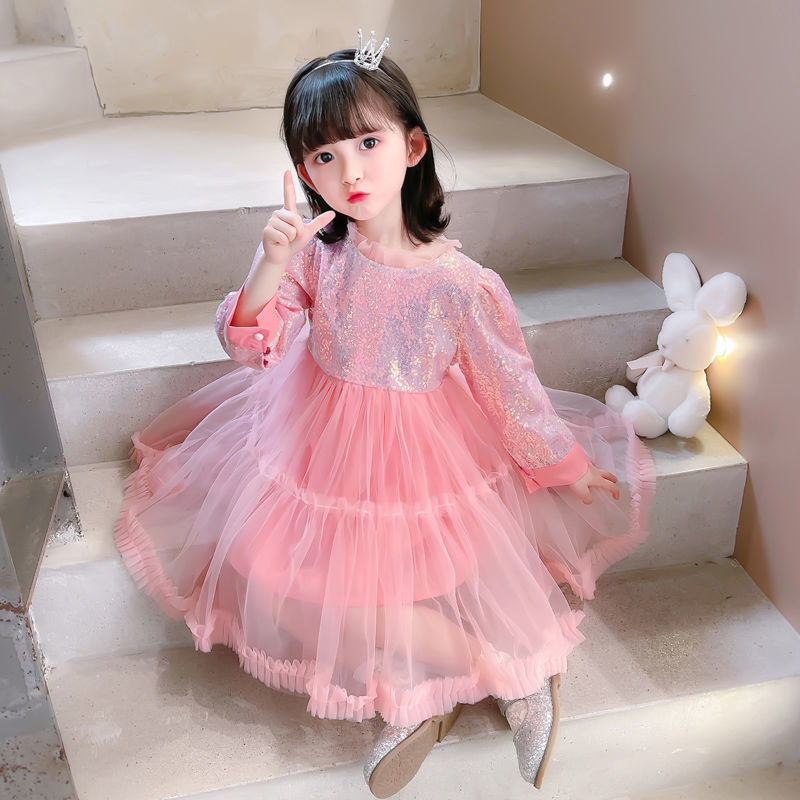 女童春装长袖儿童公主裙新款亮片网纱裙粉色小女孩洋气裙子
