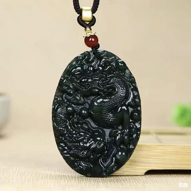 天然正品新疆和田玉青玉双龙戏珠玉吊坠男女玉石项链龙玉佩玉挂件