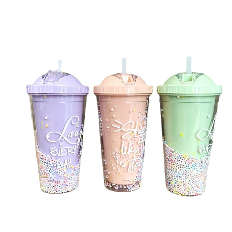 New Creative Rainbow Plastic Water Cup Fashion Large Capacity Women's Straw Cup Mori Double-Layer Colorful Beads Drink Cup